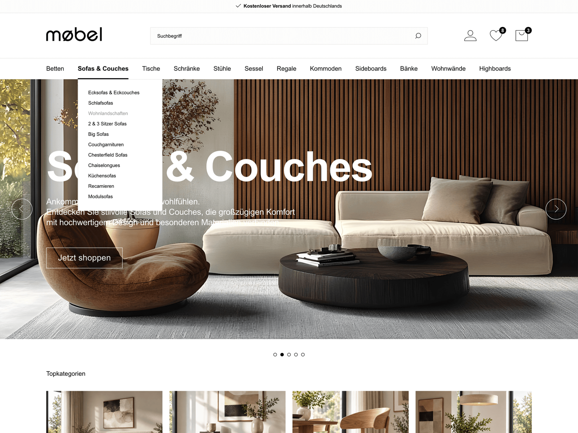 Desktop-Ansicht des PWA-Basic-Shops: Kategorieseite Sofas & Couches