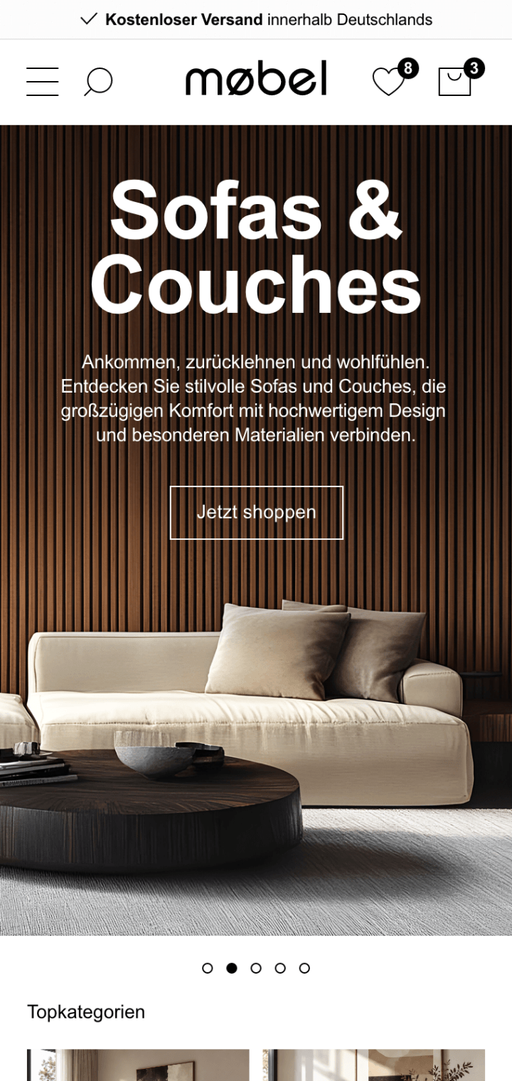 Mobile-Ansicht des PWA-Basic-Shops: Kategorieseite Sofas & Couches