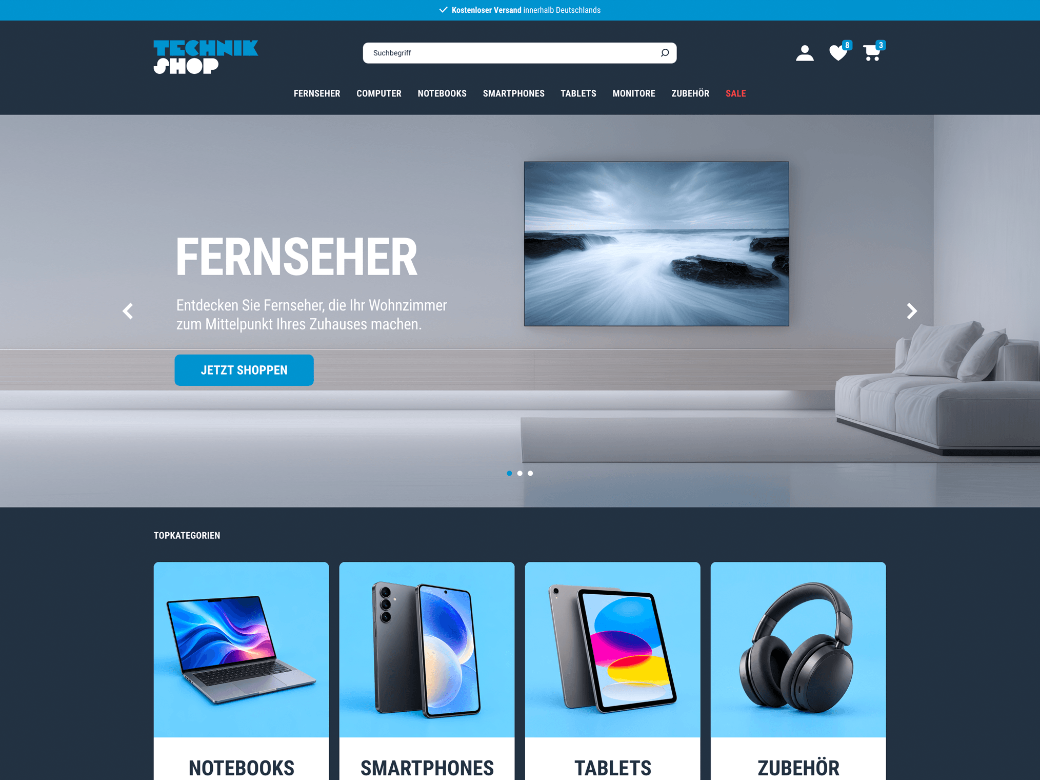 Desktop-Ansicht eines PWA-Basic-Shops für Technik: Startseite mit Fernseher-Banner und Topkategorien