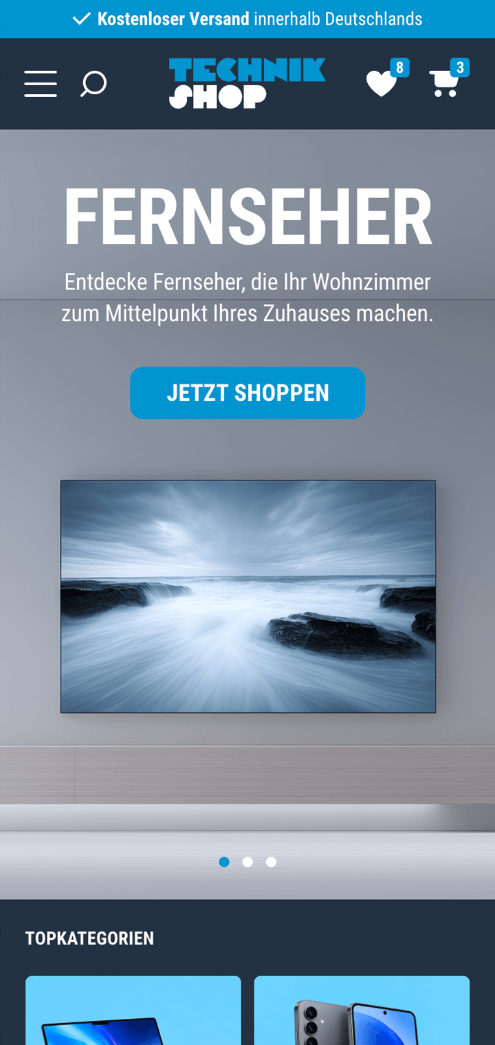 Mobile-Ansicht eines PWA-Basic-Shops für Technik: Startseite mit Fernseher-Banner