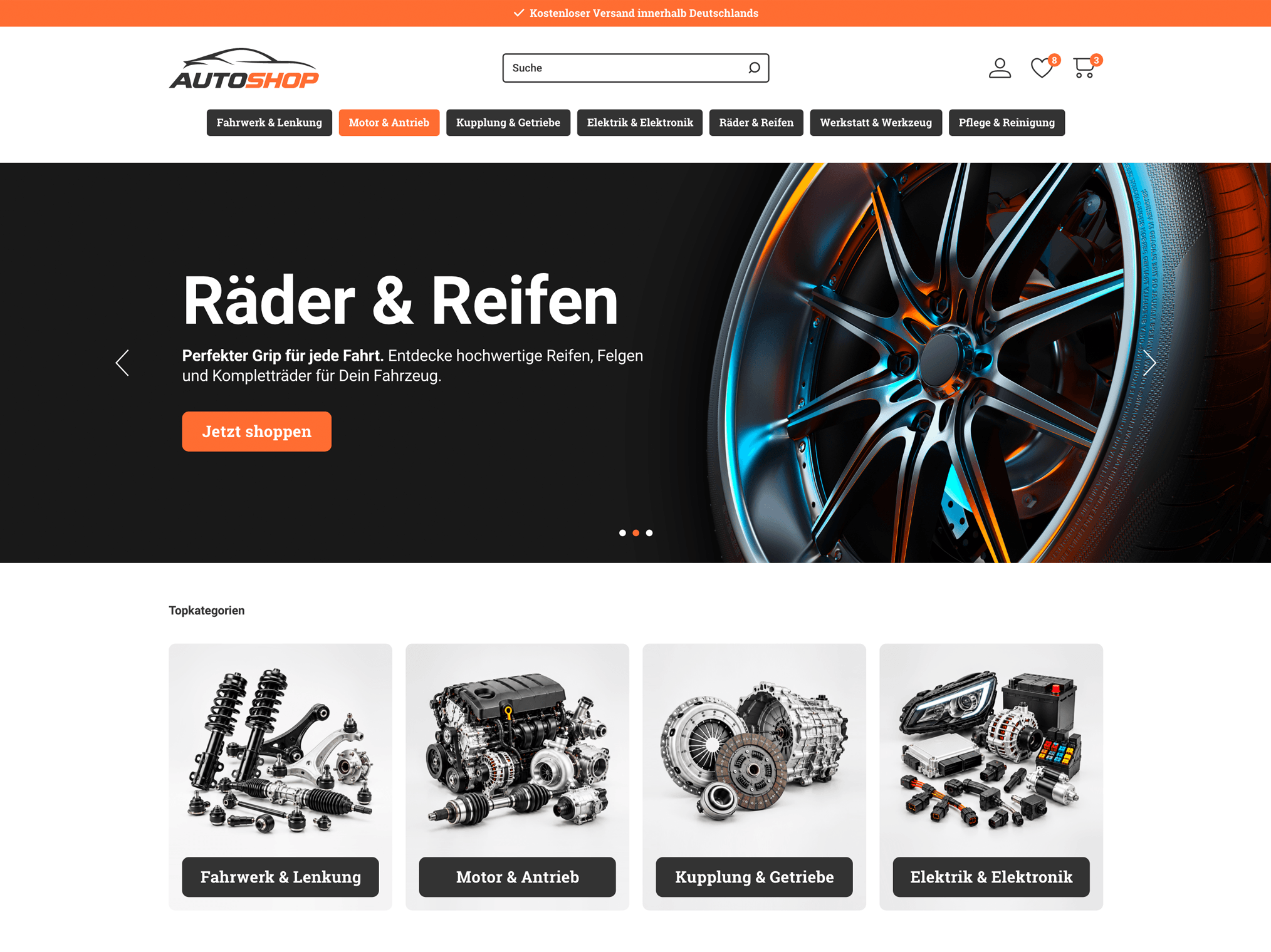 Desktop-Ansicht eines PWA-Basic-Shops für Autoteile: Startseite mit Räder-und-Reifen-Banner und Topkategorien