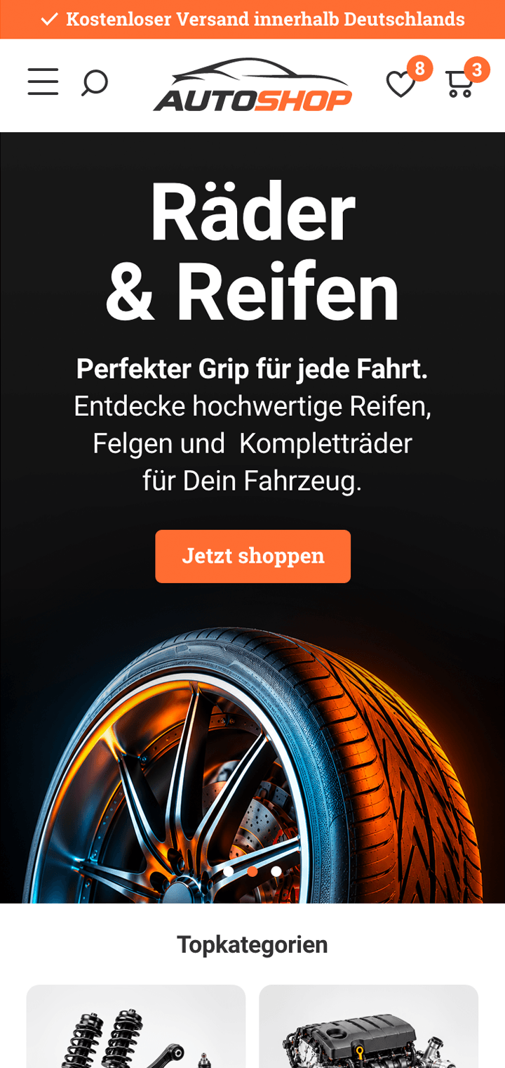 Mobile-Ansicht eines PWA-Basic-Shops für Autoteile: Startseite mit Räder-und-Reifen-Banner